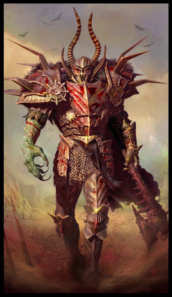 The Chaos Champion of Tzeentch from the Warhammer universe: a personal artwork created with a game cinematic model.