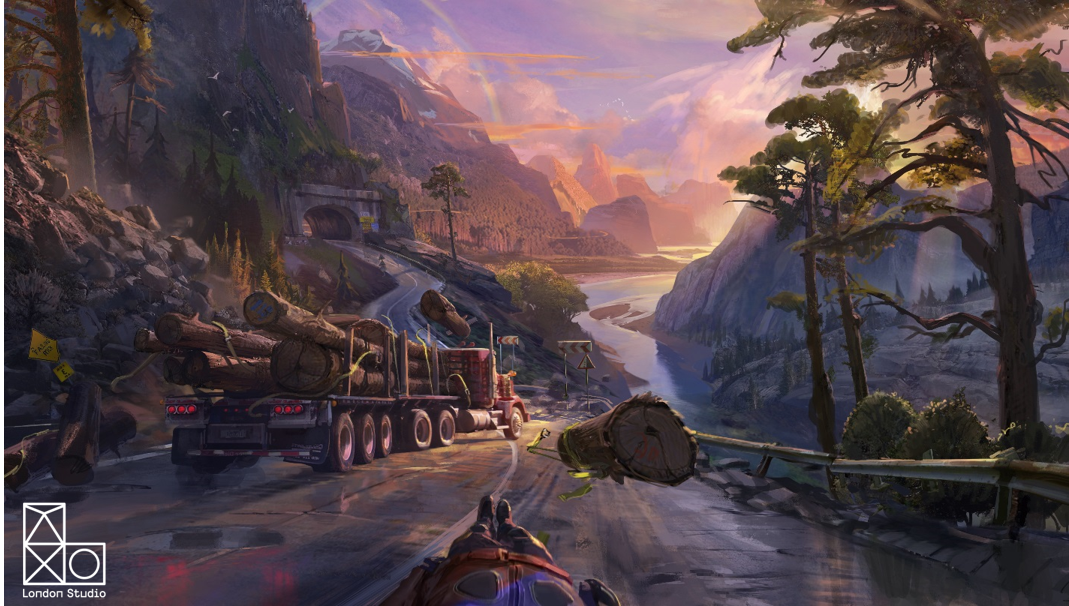Concept art for the VR Luge section of PlayStation VR Worlds. This section of the game places the player 'in the jumpsuit of an illegal street racer'.
