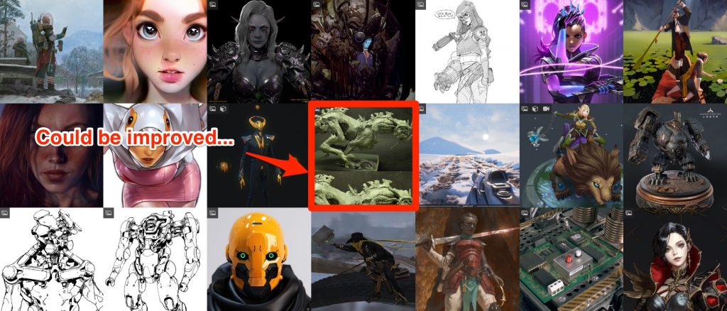 By default, ArtStation will create a square thumbnail by cropping a square from the center of your image to the extents of the work. Make sure that you get yourself a nice crop that shows off your work in the best possible way.