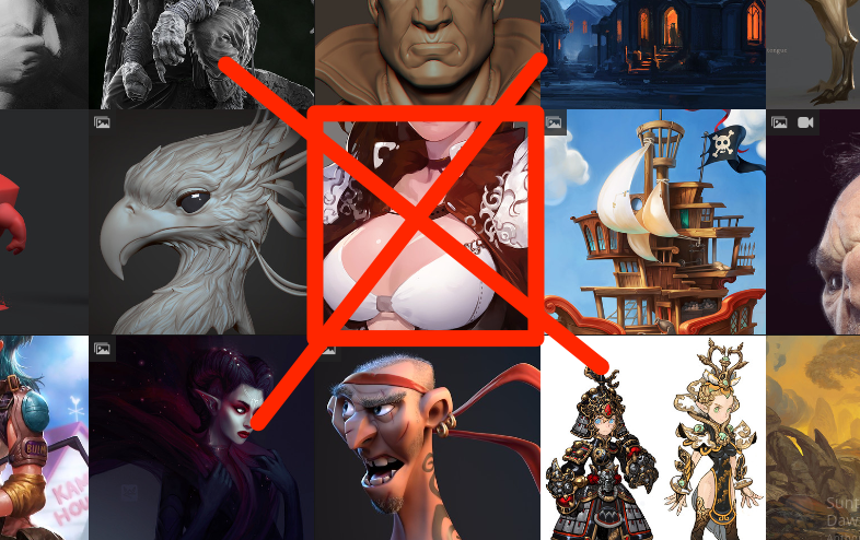 Don't be cheeky like this. We actively moderate the Trending wall and suppress work that focuses on boobs, bums, underskirt, etc.