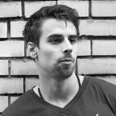 A grayscale photo of Patrick 