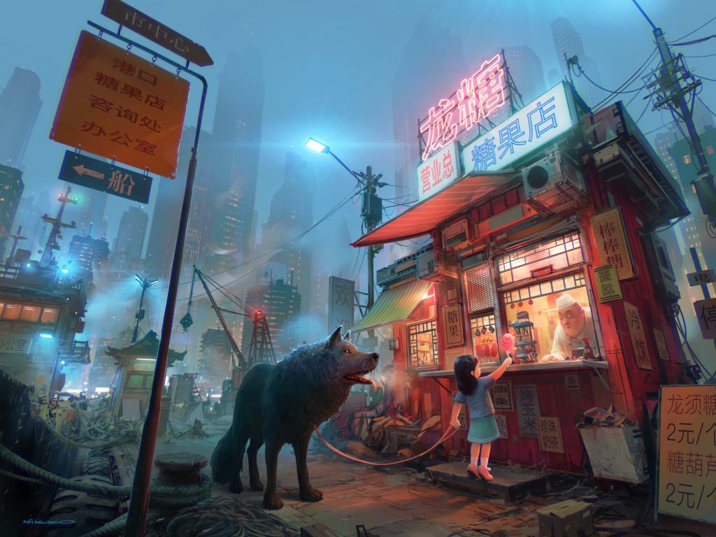 A girl with a pet wolf is buying a cotton candy treat from a small store