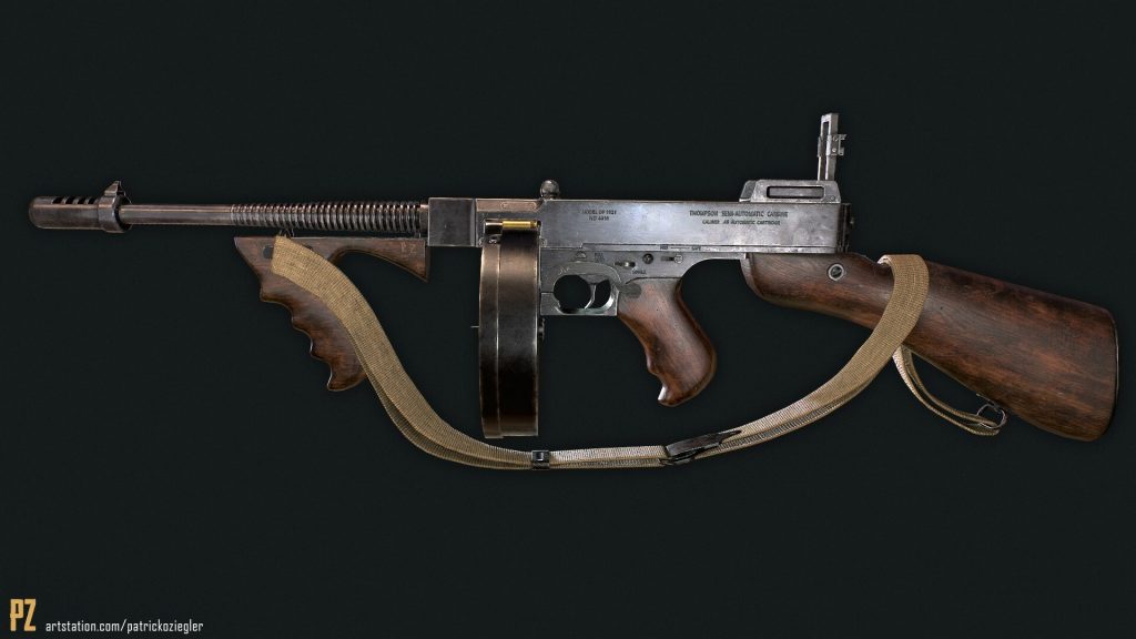 The profile of an old machine gun on a black background