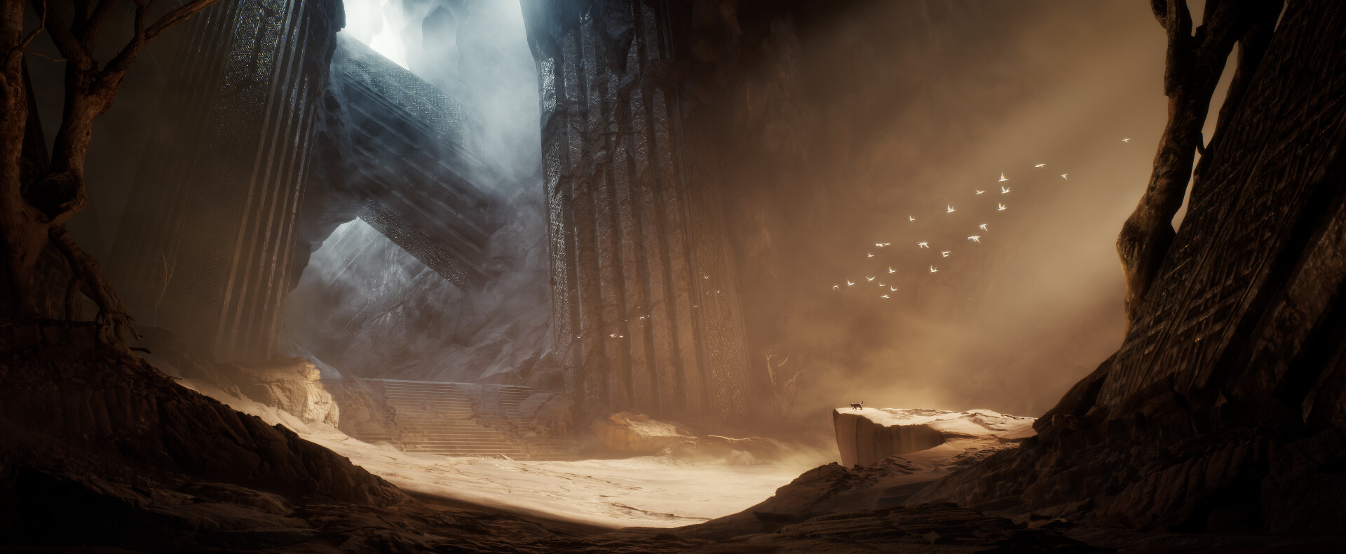 Image of a large temple surrounded by sand