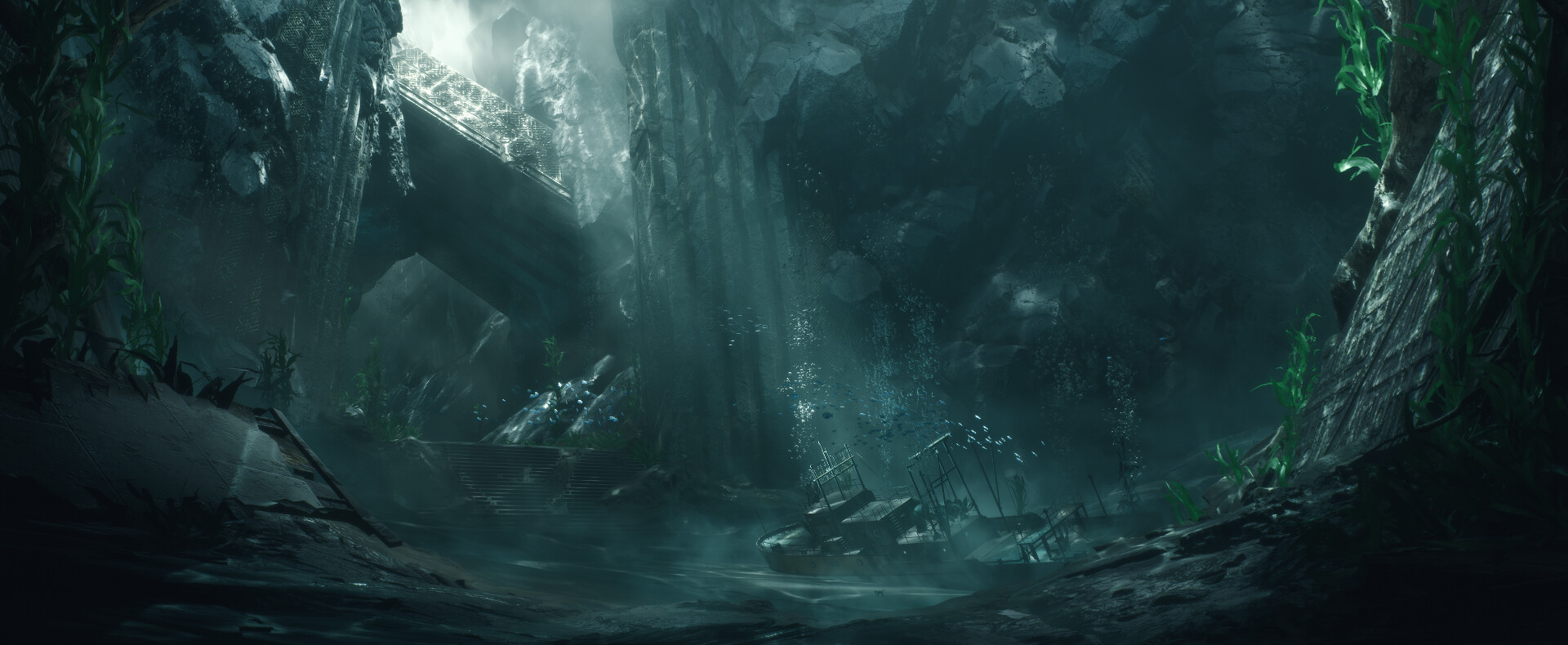 A sunken ship in underwater ruins