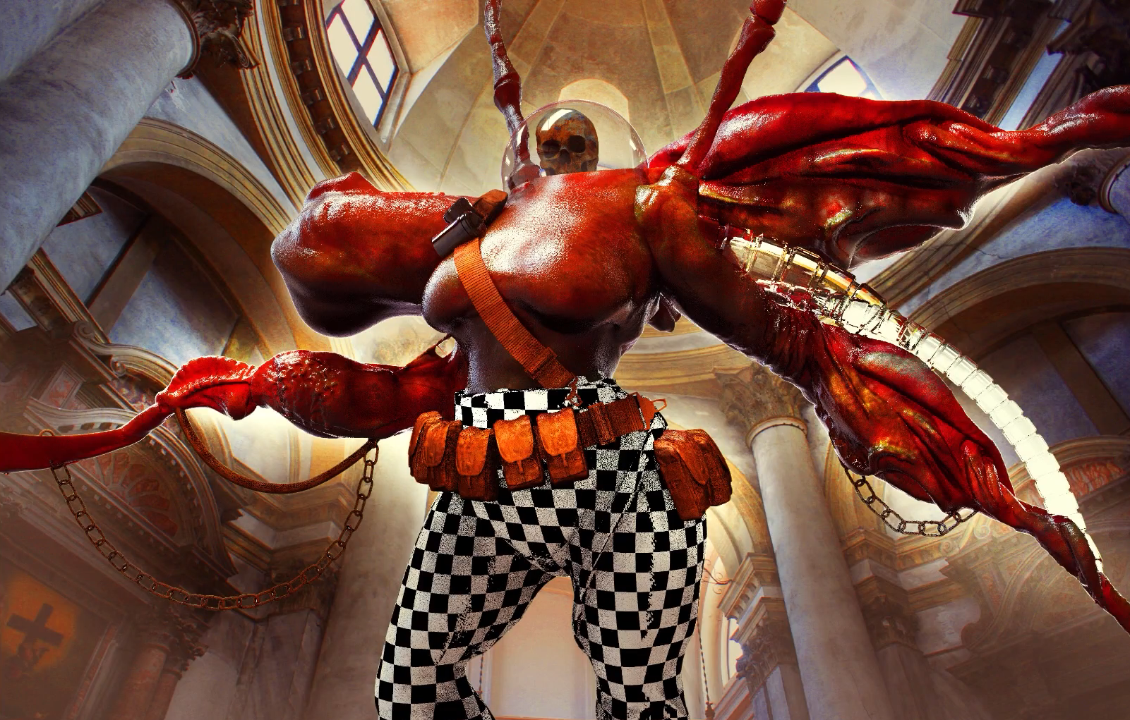 A large alien skeleton monster with checkered pants and a red shirt stands menacingly in a cathedral