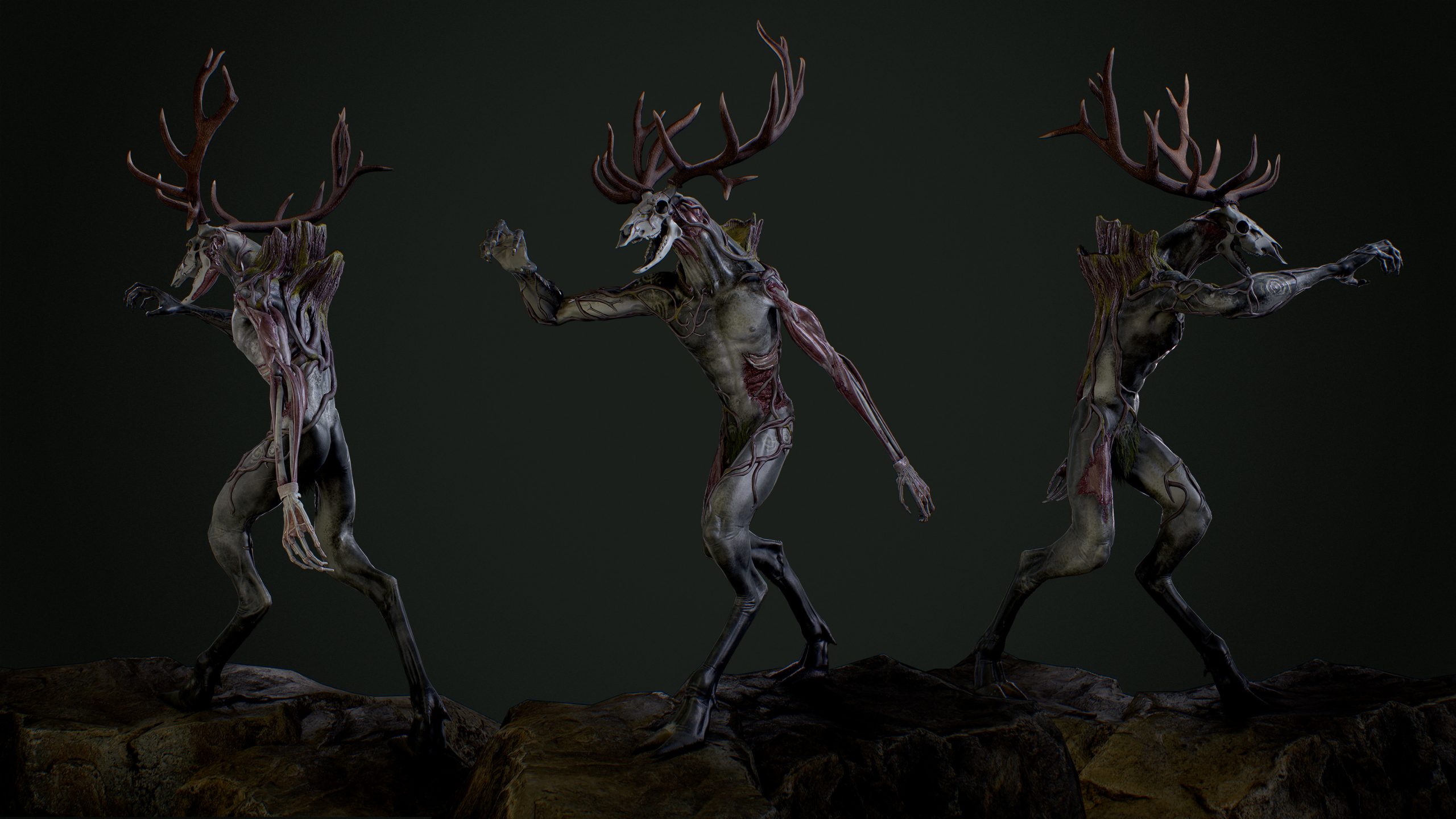 three body shots of a humanoid woodland creature on two legs with a deer skull head
