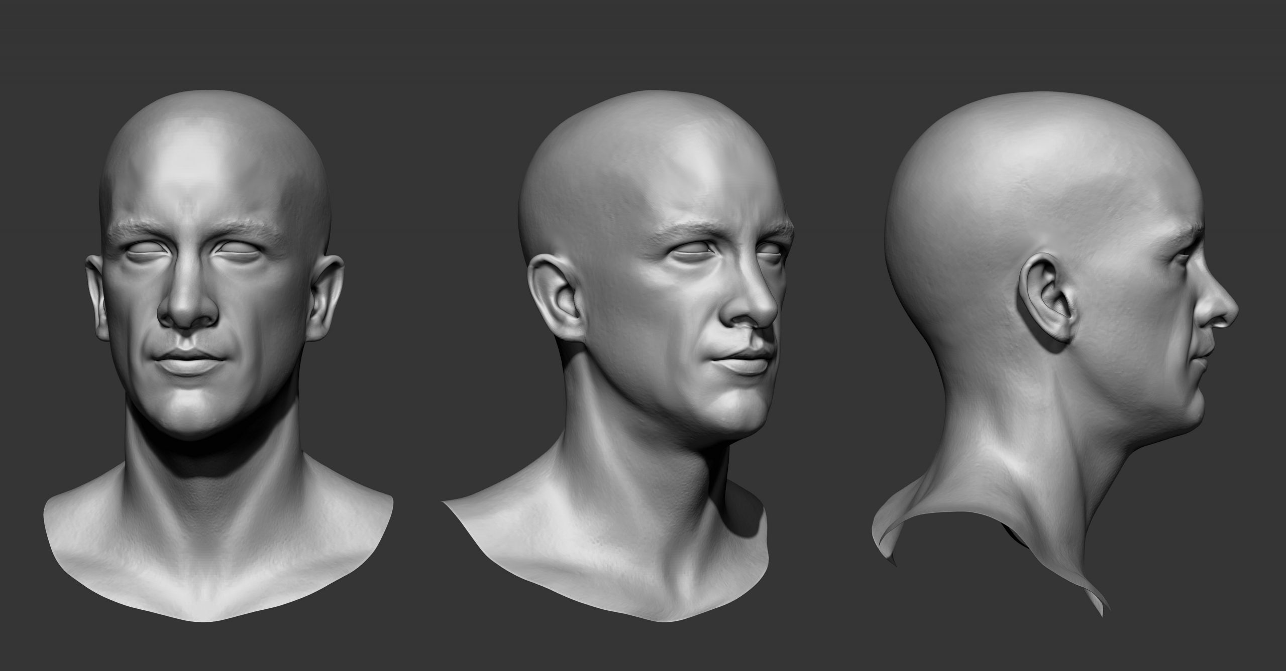 Three different photos of a sculpted head