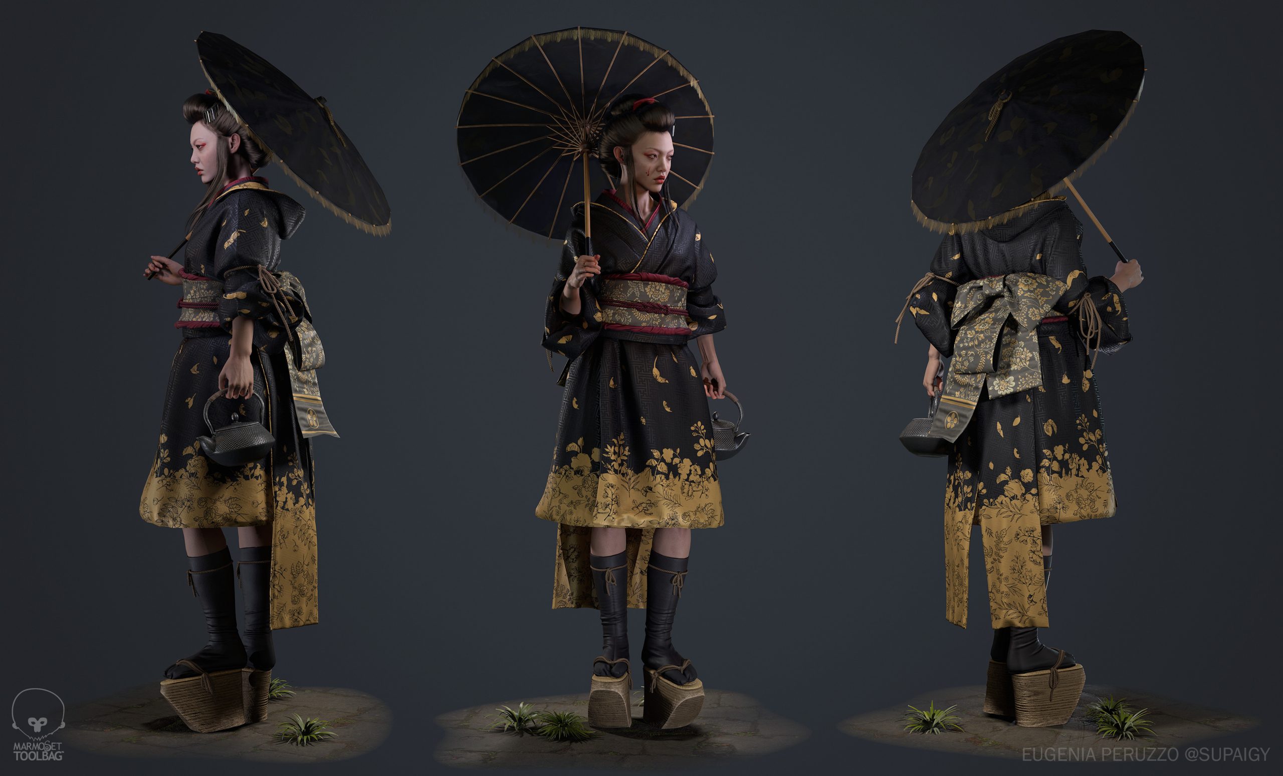 Three different full-body angles of a geisha outfit by Eugenia