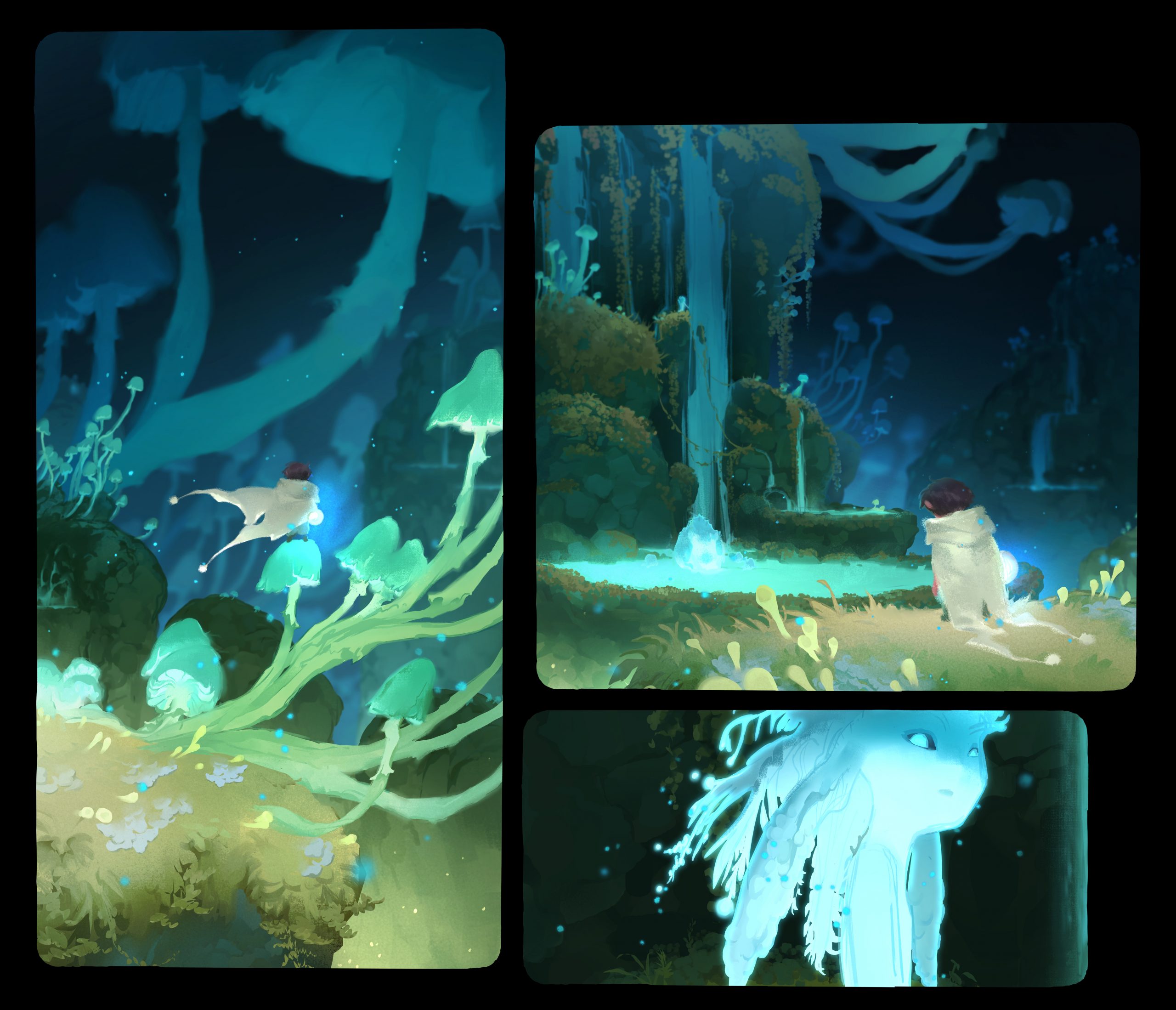 Three panels from Iris's painting, showing a young boy approach a pond spirit type creature 
