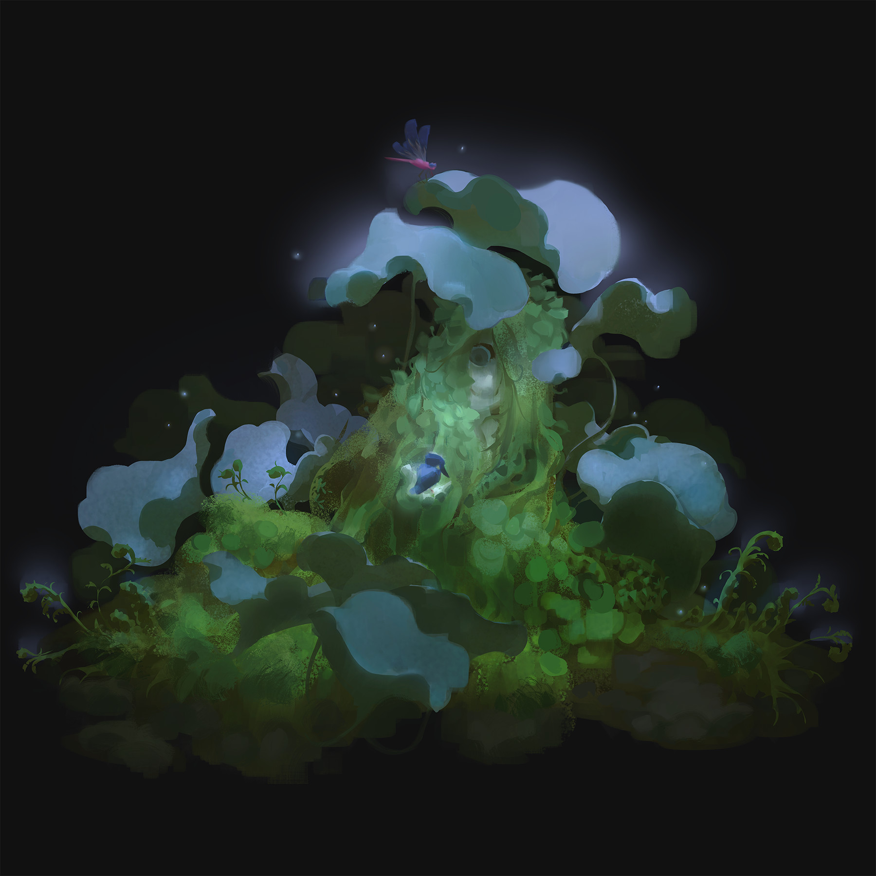 A mossy forest creature looks at a blue bird 