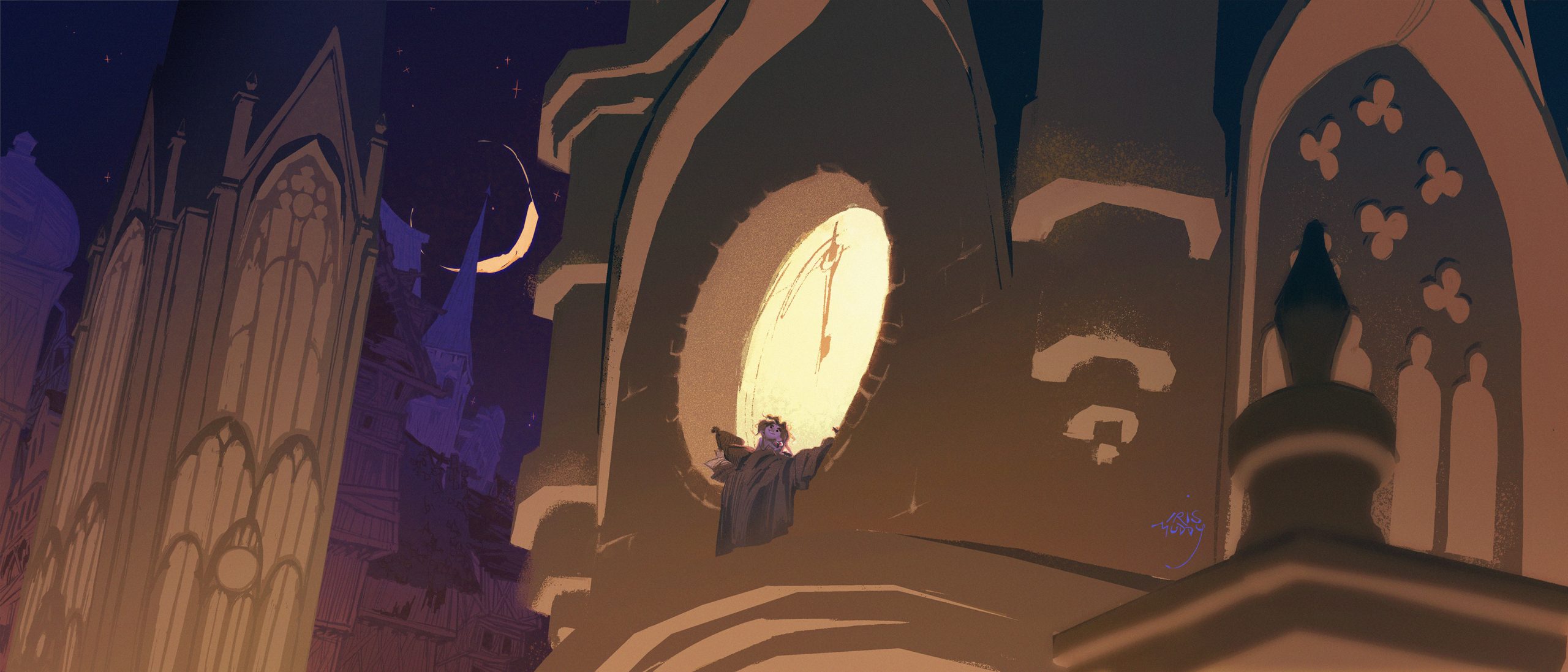 Painting of a boy sleeping in a clock tower