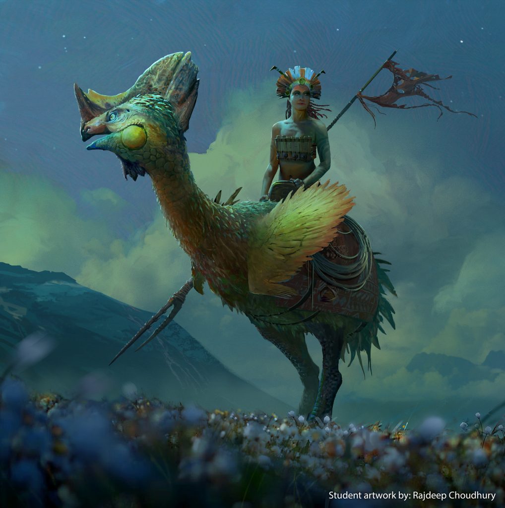 Sci fi artwork of a woman riding a bird-like creature