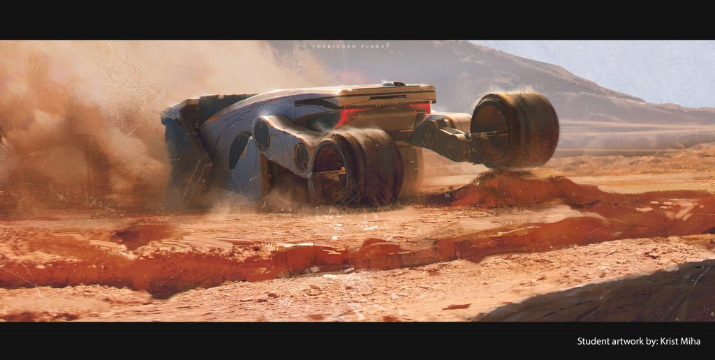 A space rover drives on red dirt kicking up dust