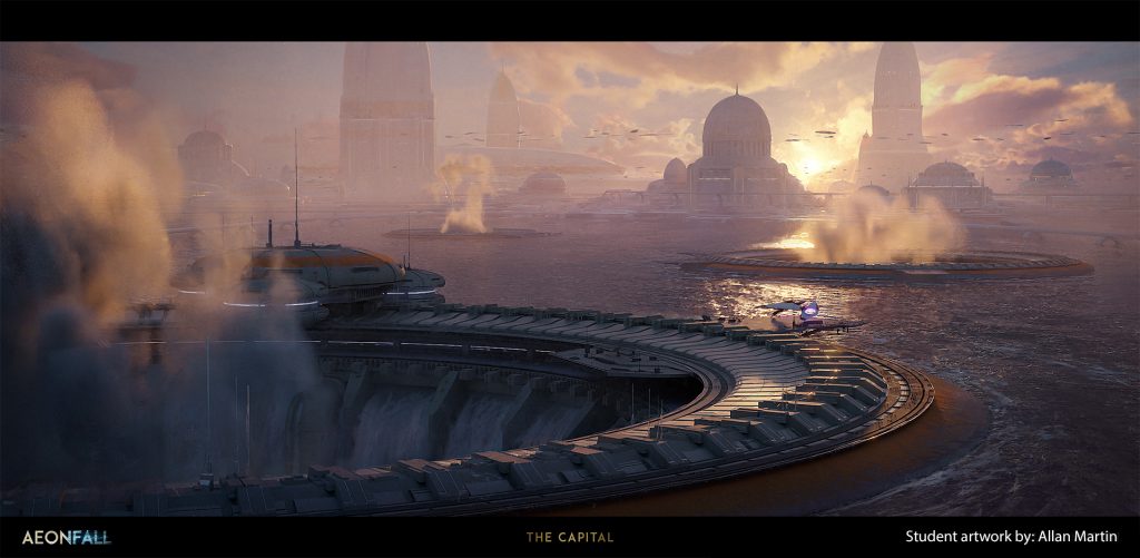 Long shot of a sci fi water world