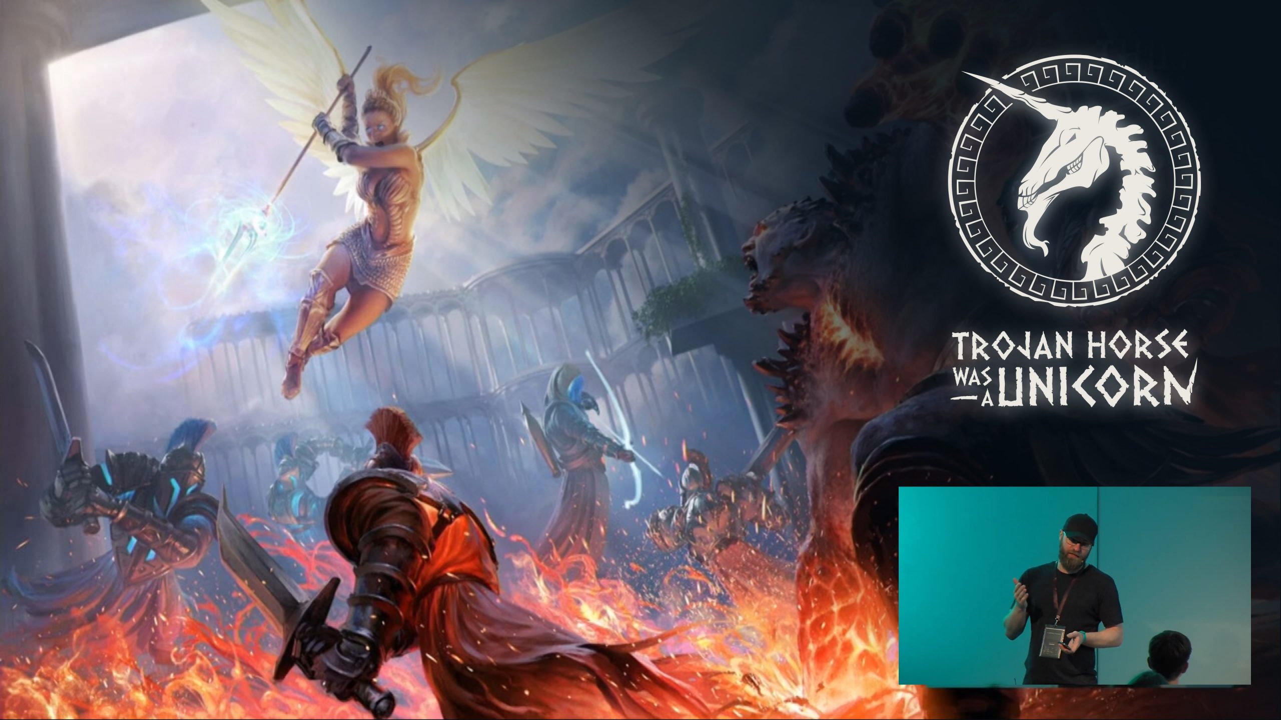 An angelic character leaps down at a knight, with fire swirling around them