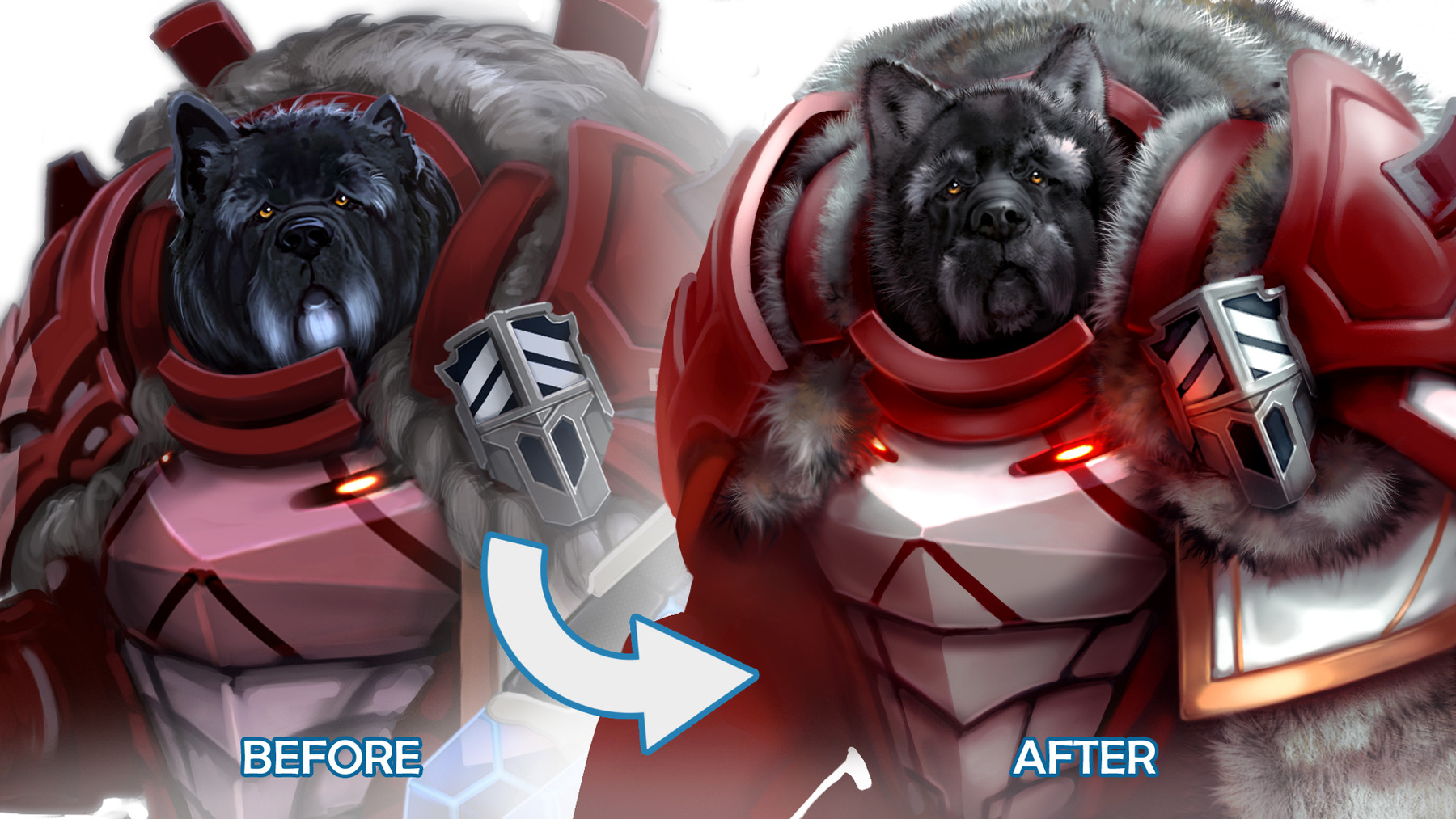 A before and after comparison using the fur brush, showing a dog in a metal suit
