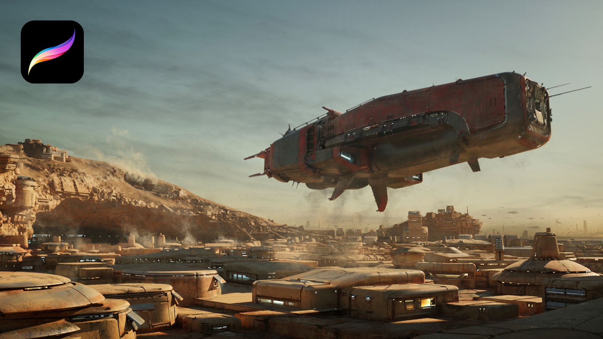 A giant space ship hovers over a dusty town