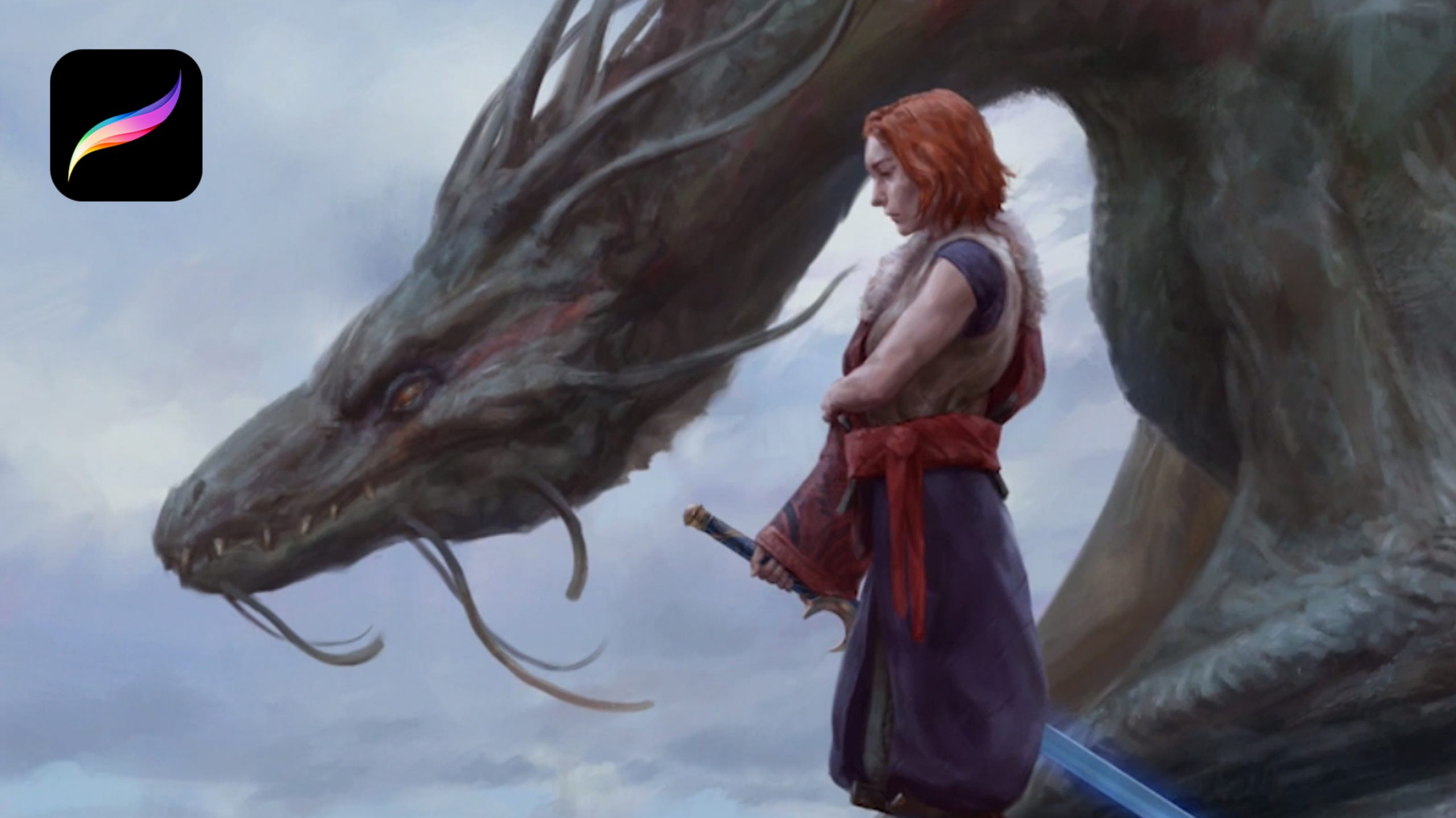 A warrior stands next to a dragon