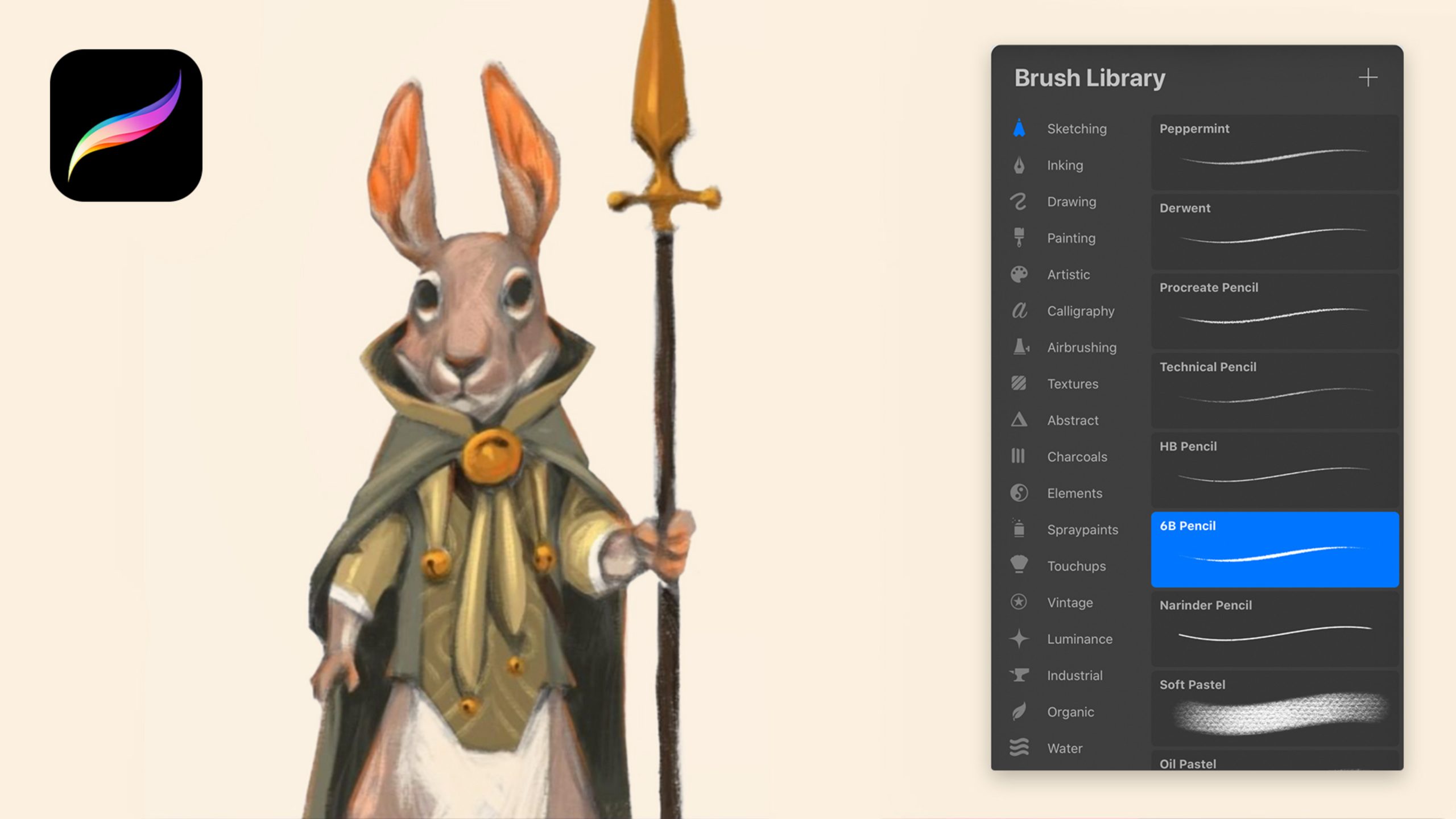 A habit holding a staff, next to a Procreate menu