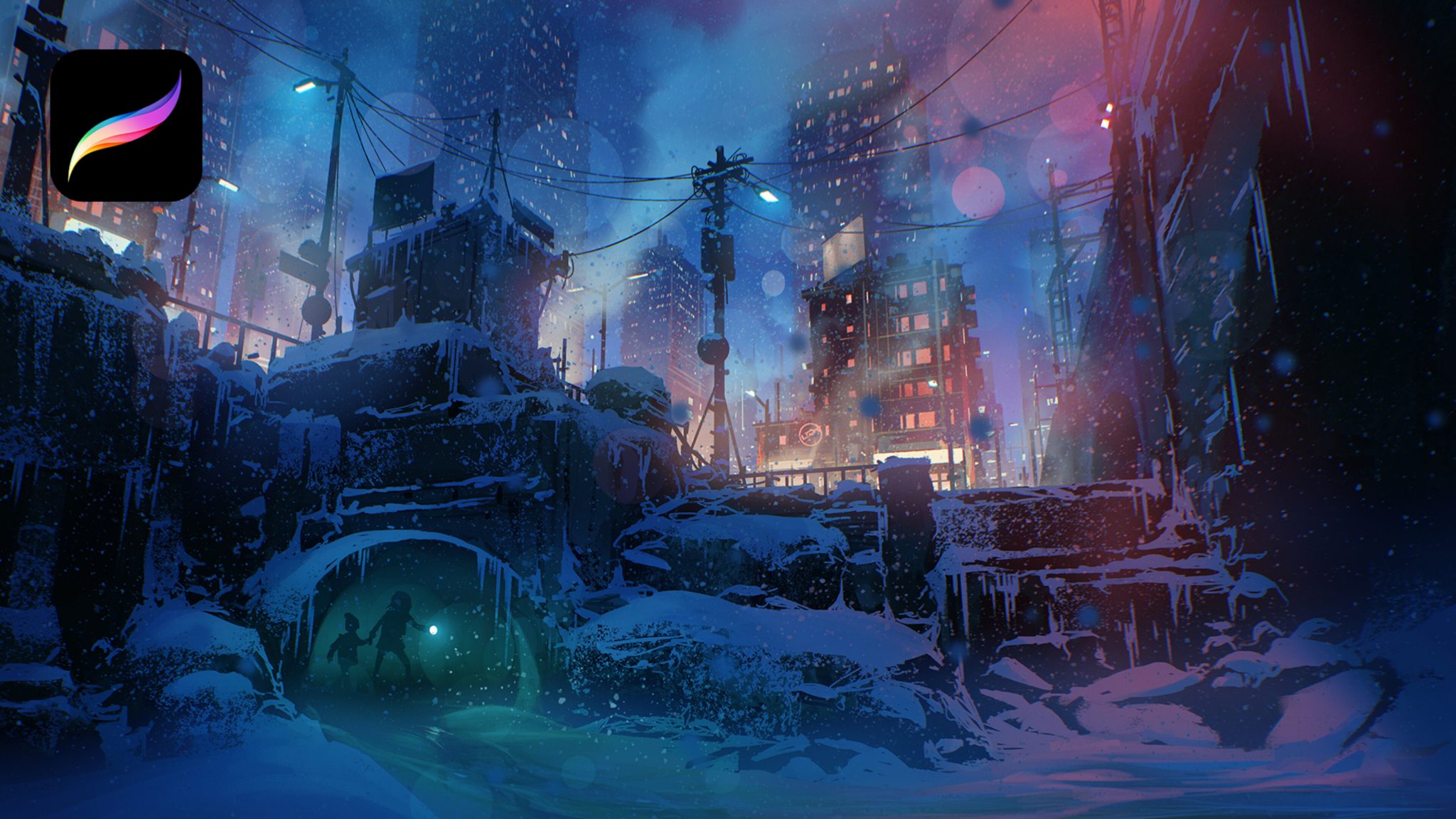 A snowy winter city scene