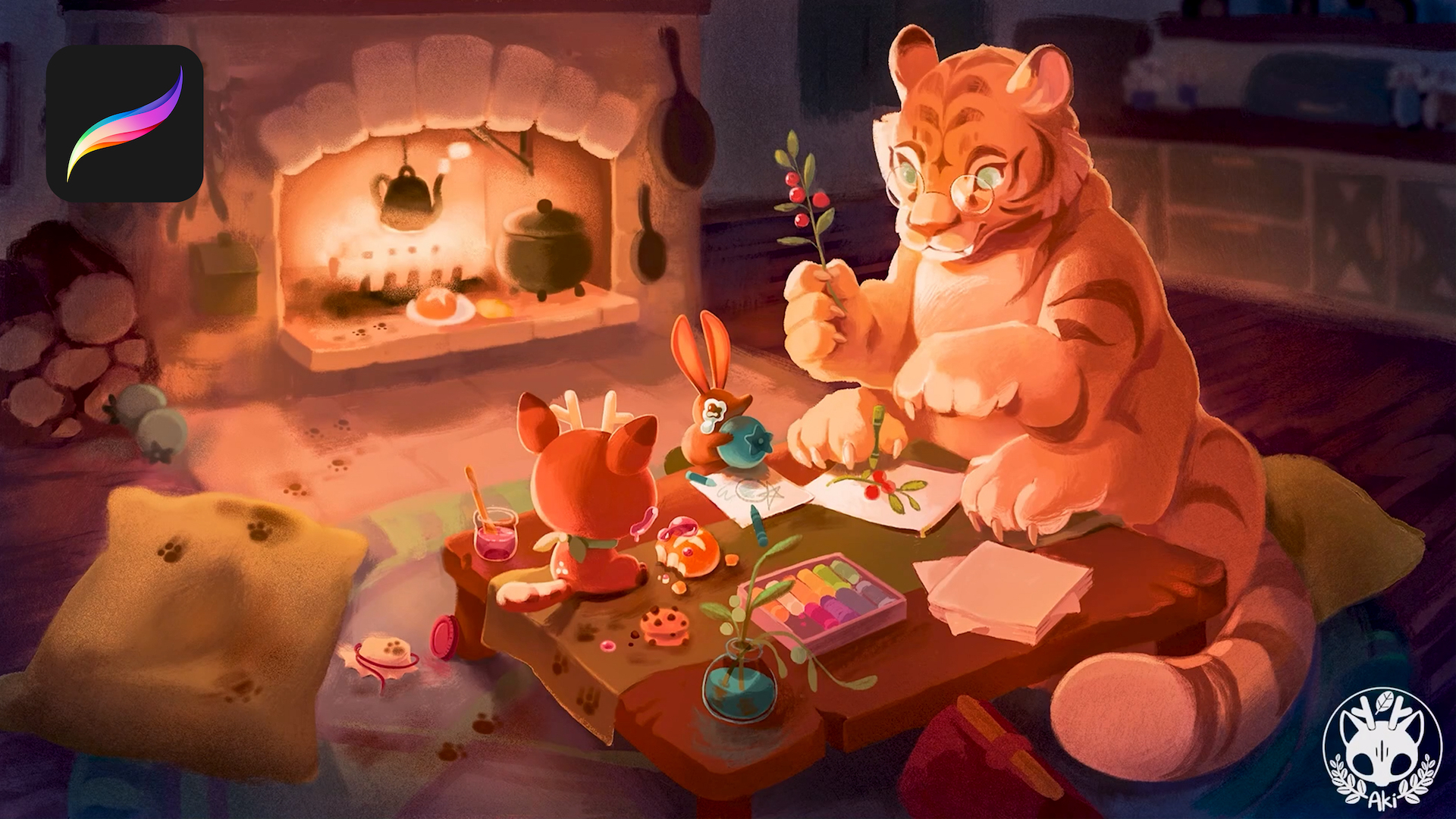 A tiger draws on a table, surrounded by other animal friends