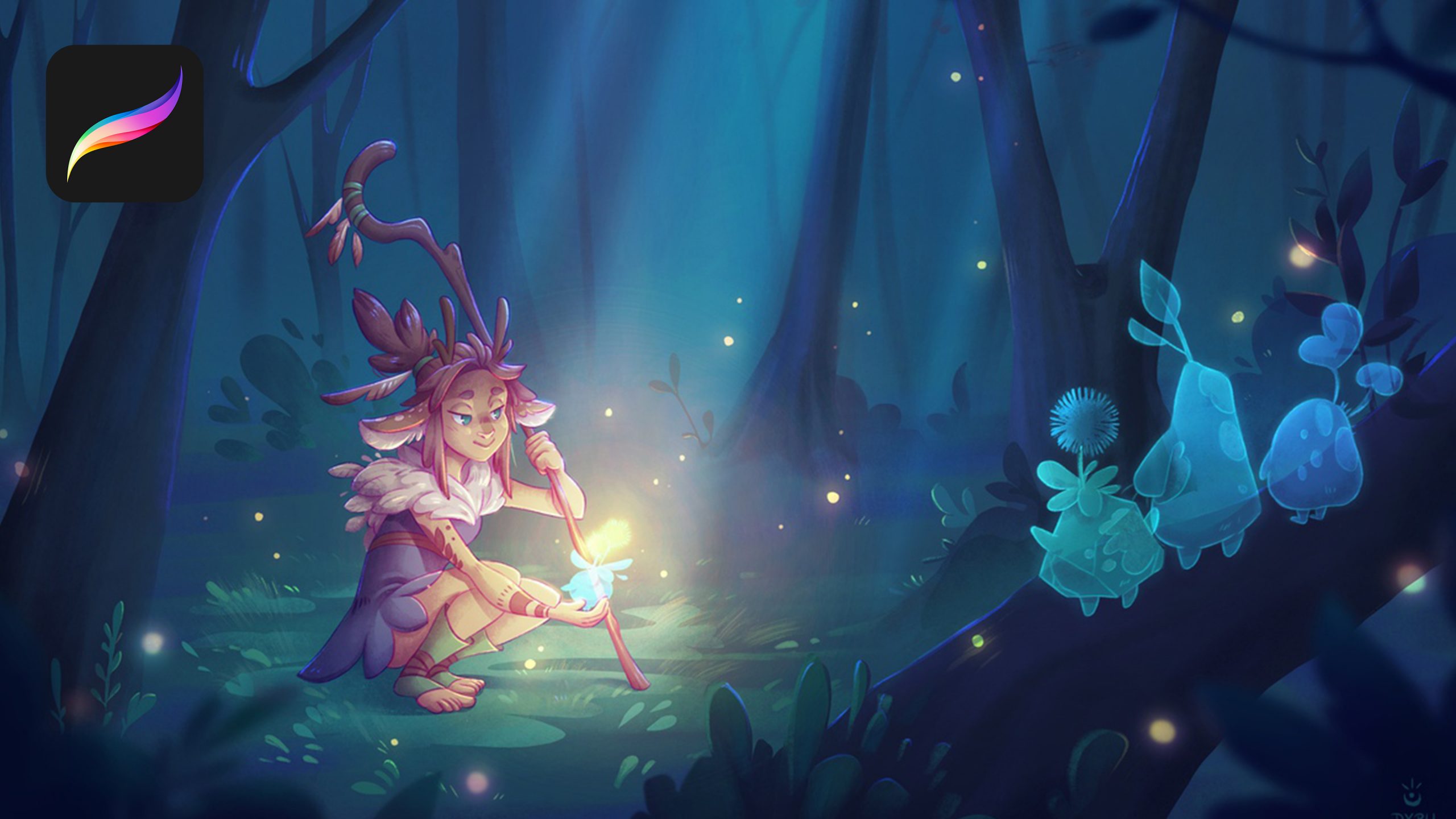 A stylized faun looks at a glowing forest creature