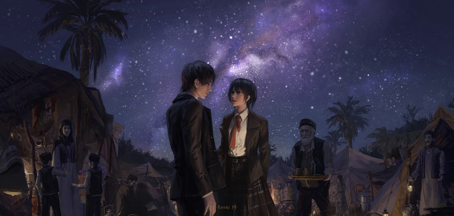 Two characters look at each other lovingly, with a market in the background