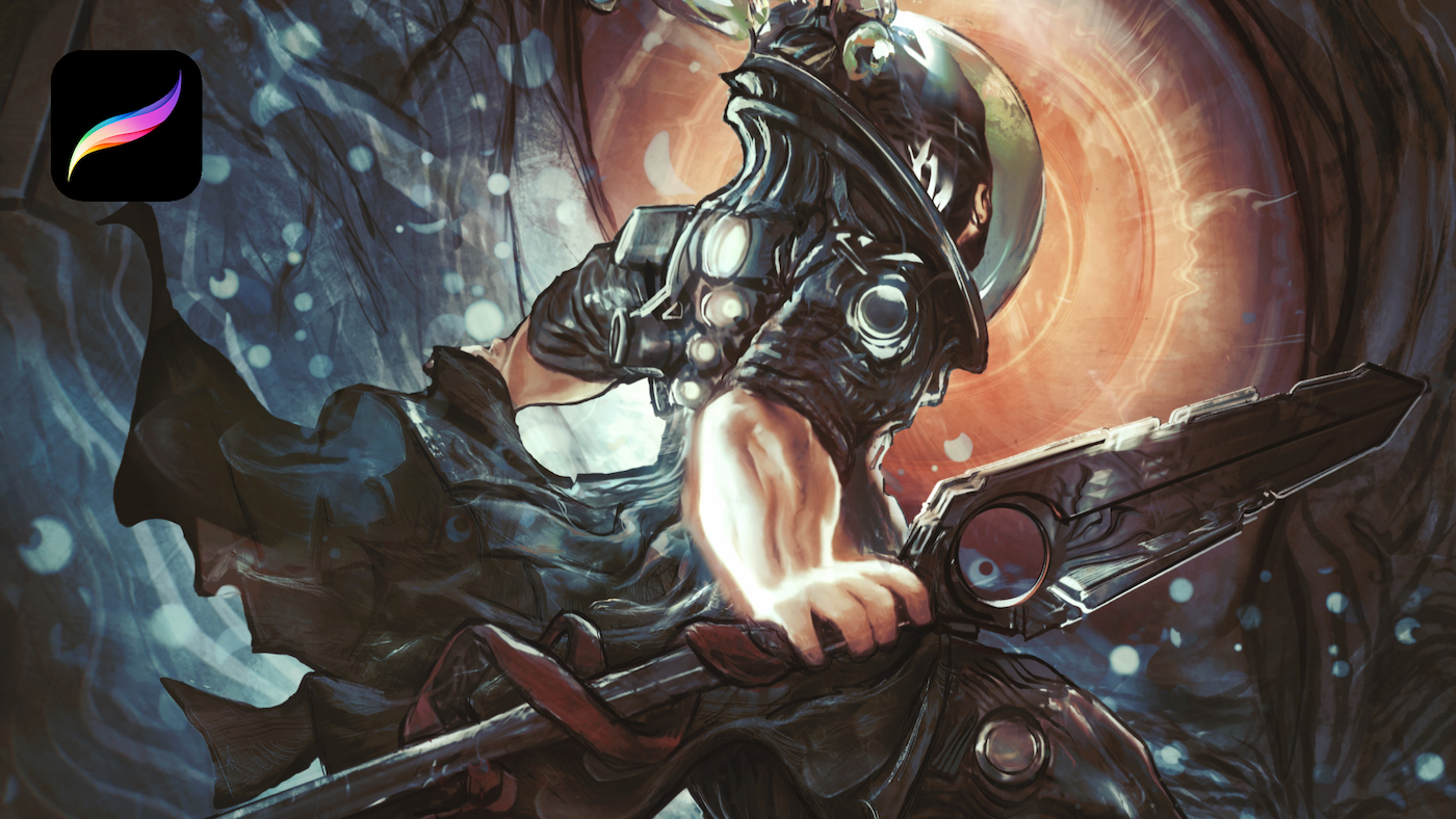 A man faces a giant eye, wearing a sci fi outfit