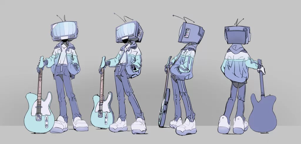 A character with a television for a head stands nonchalantly, holding a guitar.