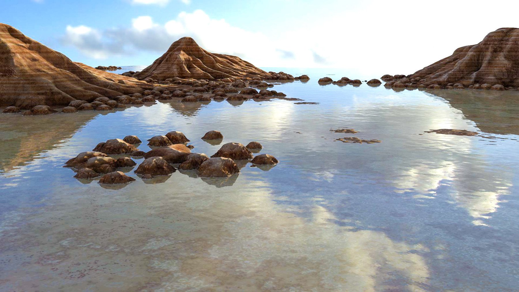 rocky islands jot a calm watery horizon