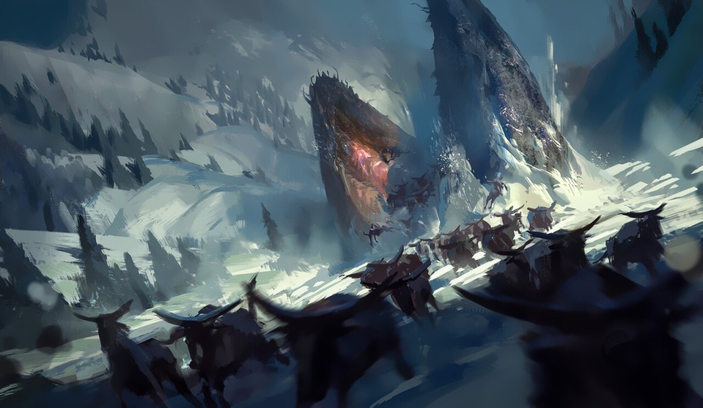 A prehistoric creature bursts through the ice, snapping at other fleeing beasts. Art by Untamed When Animals Ruled the World – Keyframe Design Winner: QiYin Ma