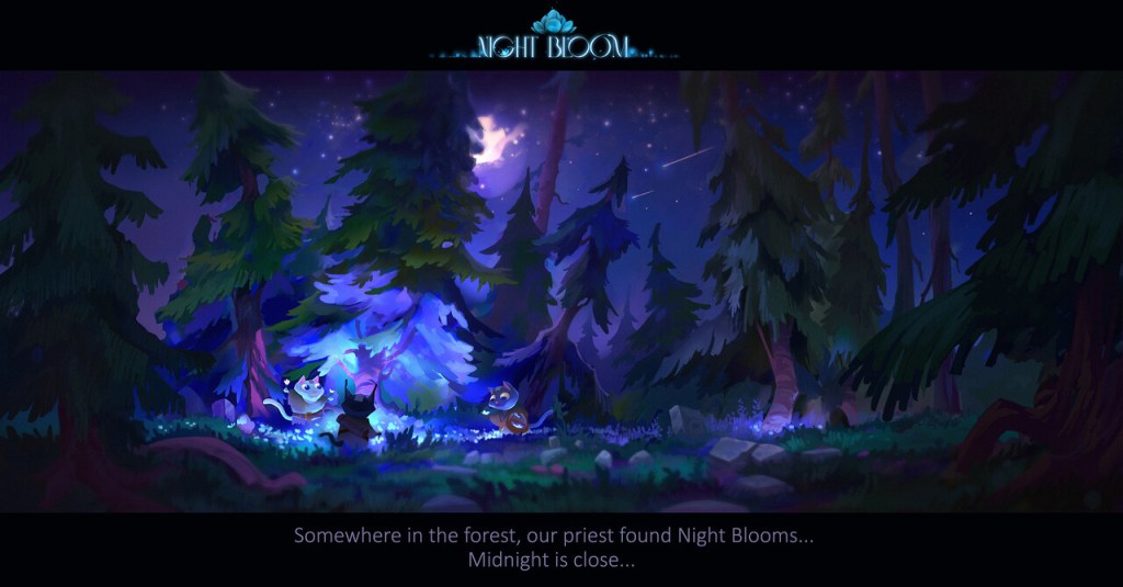 A purple forest night scene. Humanoid cats sit around a glowing fire. ArtStation Challenge artwork by Hue Teo