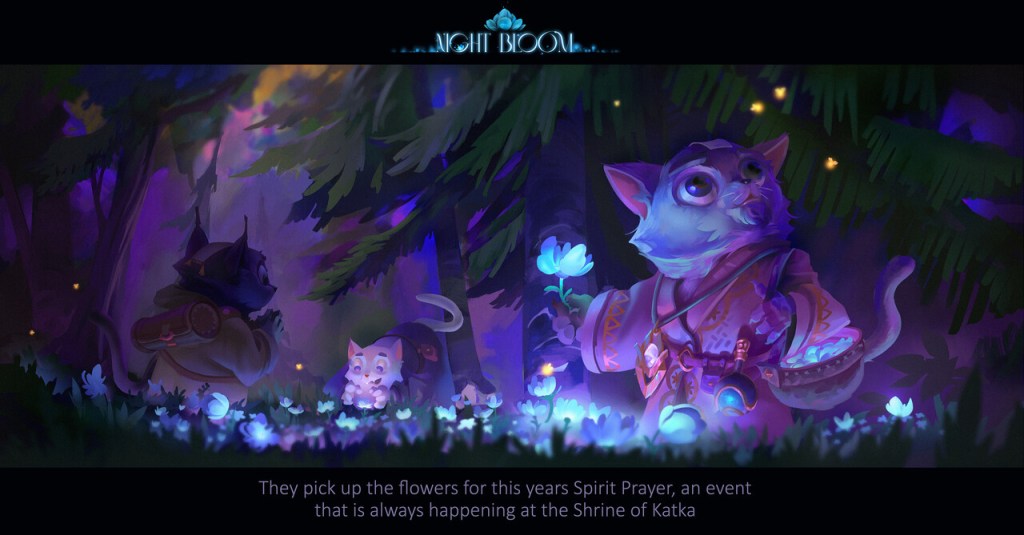 A purple forest night scene. Humanoid cats pick flowers. ArtStation Challenge artwork by Hue Teo