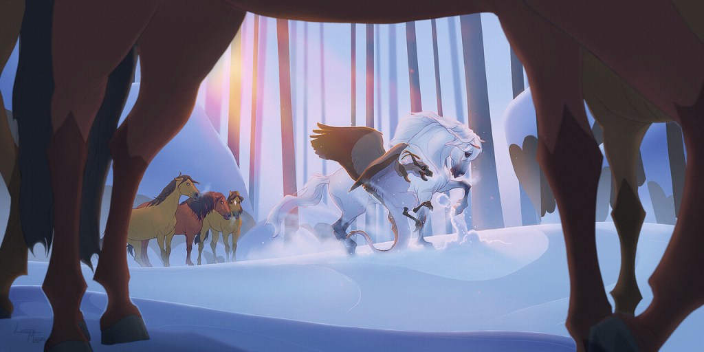 The mother mare frolics with the wyvern-like creature while her herd looks on in disgust. Art by Untamed: When Animals Ruled the World – Keyframe Design Winner: Louise Meijer-Åström