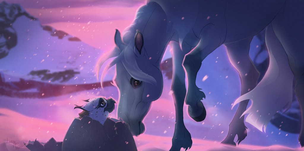 A mother mare gently nudges a baby wyvern-like creature. Art by Untamed: When Animals Ruled the World – Keyframe Design Winner: Louise Meijer-Åström