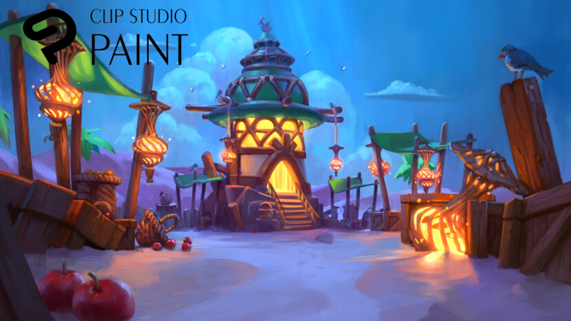Environment art of a colourful cartoon village lit at nighttime