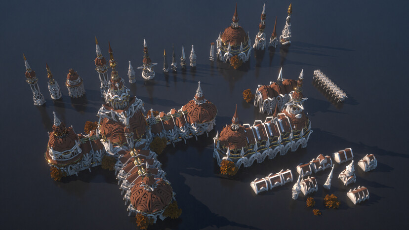 Various kitbash pieces of a cathedral-like building for use in environment art projects