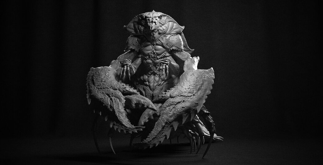 Black and white shot of a crab-like creature lit in black and white