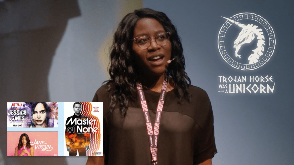 Image of Amy Aniobi talking with thumbnail of storytelling projects she has worked on
