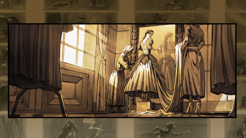 Image from Rembert Montald  storytelling lesson showing a woman getting a dress fitting