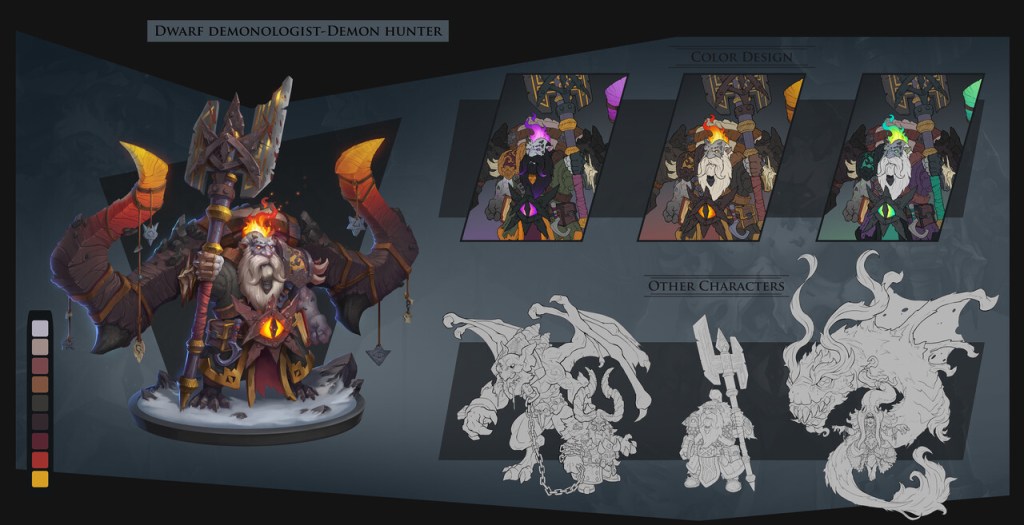 Images of the dwarf demonologists in different stages of character art development