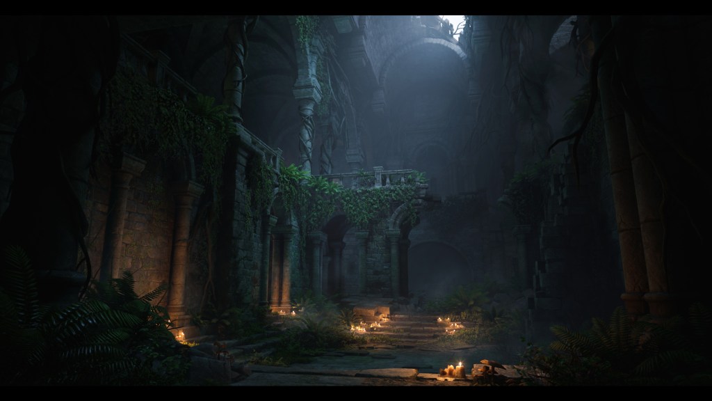 Artwork by Anngelica Parent depicting a dimly lit ruin