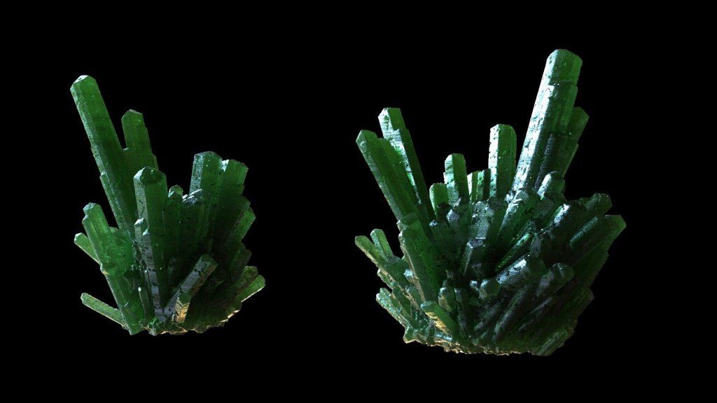 Green, rectangular crystals in two chunks